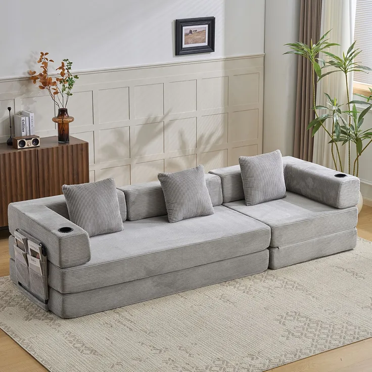 Bodensofa mit Schlaffunktion aus Cord in Hellgrau，H 60 x T 277.5 x B 92.5 cm