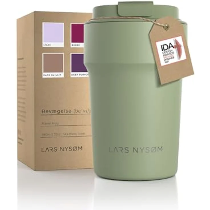 LARS NYSØM Thermo Kaffeebecher to go 380ml | Travel Mug 0,38 Liter mit Vakuumisolierung | Auslaufsicherer Edelstahl Thermobecher für Kaffee und Tee unterwegs | Teebecher (Sage Green, 380ml) – Bild 1