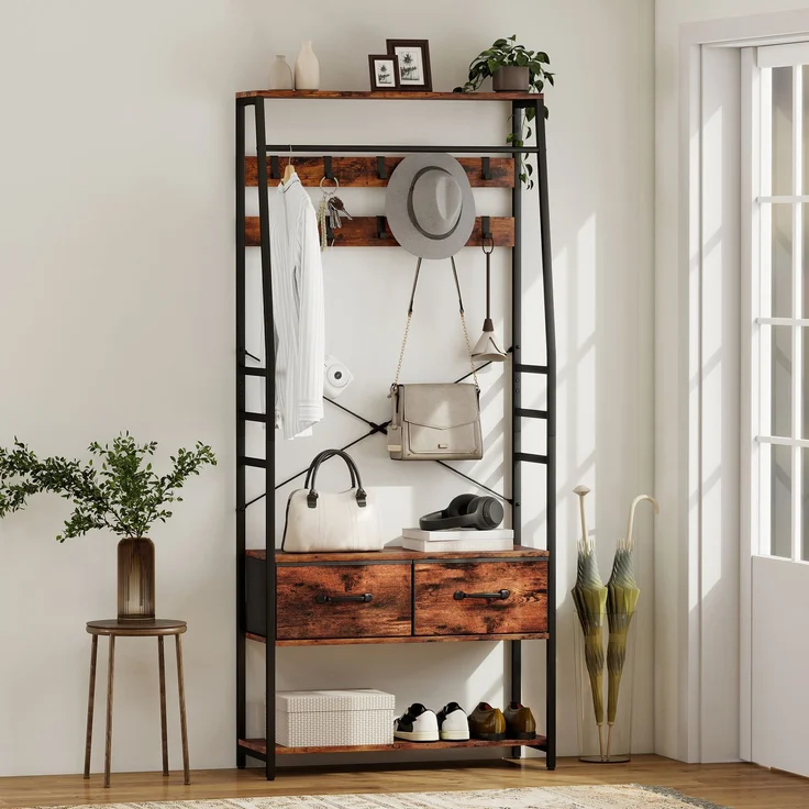 MELAYR, Garderobe mit Schuhregal, Mantelständer mit Sitzbank, 10 Haken, 80 x 30 x 180 cm, Rustikal-Braun – Bild 3