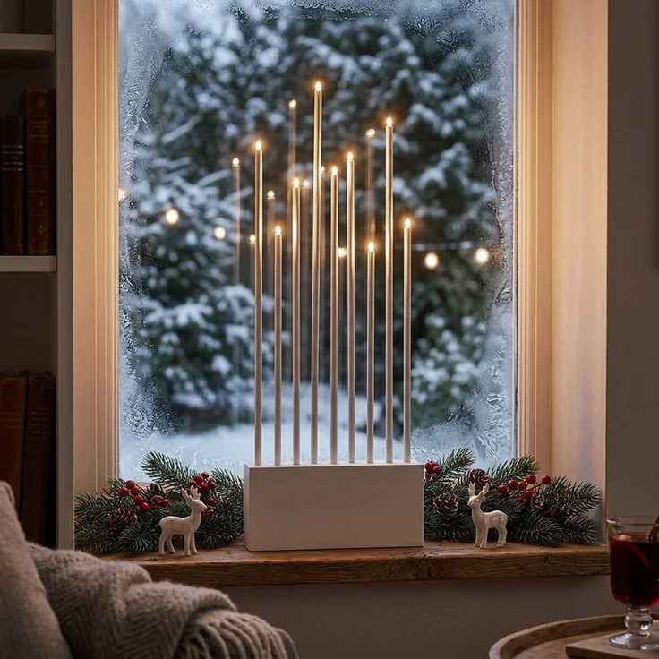 LED Kerzenständer BUZZ, Holz, Weiß, lackiert, 9-flammig, H 60 cm – Bild 2