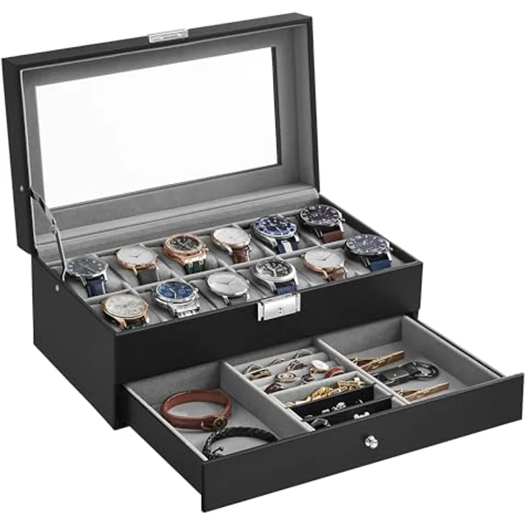 SONGMICS Uhrenbox Uhrenkasten, mit 2 Ebenen, 12 Fächer und 1 Schublade – Bild 2