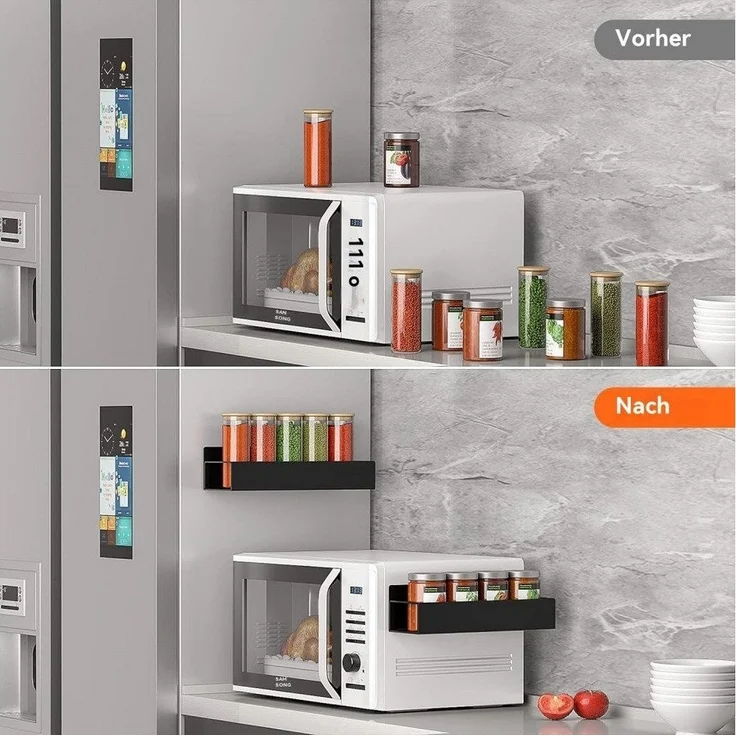 PFCTART Küchenorganizer-Set Hängeregal Küchenregal für Kühlschrank – 3-lagig & Metall, (Set, 1-tlg, Für Kühlschrank, Schrank & Möbel – Schwarz, Edelstahl), Ohne Bohren, inkl. Küchenreling & 7 Haken, starke Klebebefestigung – Bild 2