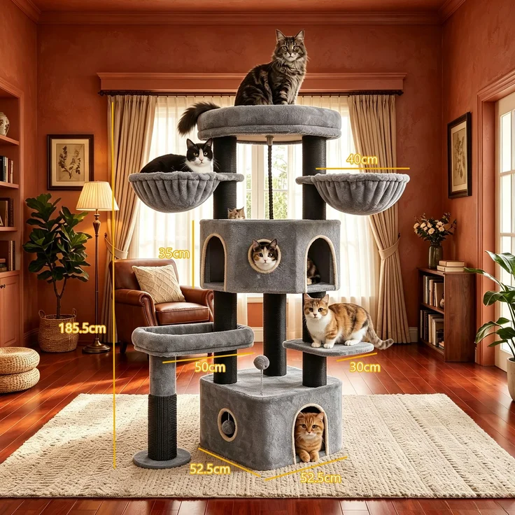 Halupeit Hellgrau Schwarz Verdickter und erhöhter Katzenbaum, speziell für große Katzen entwickelt, leise, stabil und luxuriös, mit den Maßen 52,5 x 52,5 x 185,5 cm – Bild 4