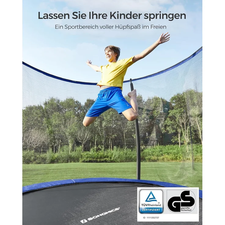 Songmics Trampolin mit Leiter, Sicherheitsnetz und gepolsterten Stangen, Stahl blau, Ø 244 cm – Bild 2