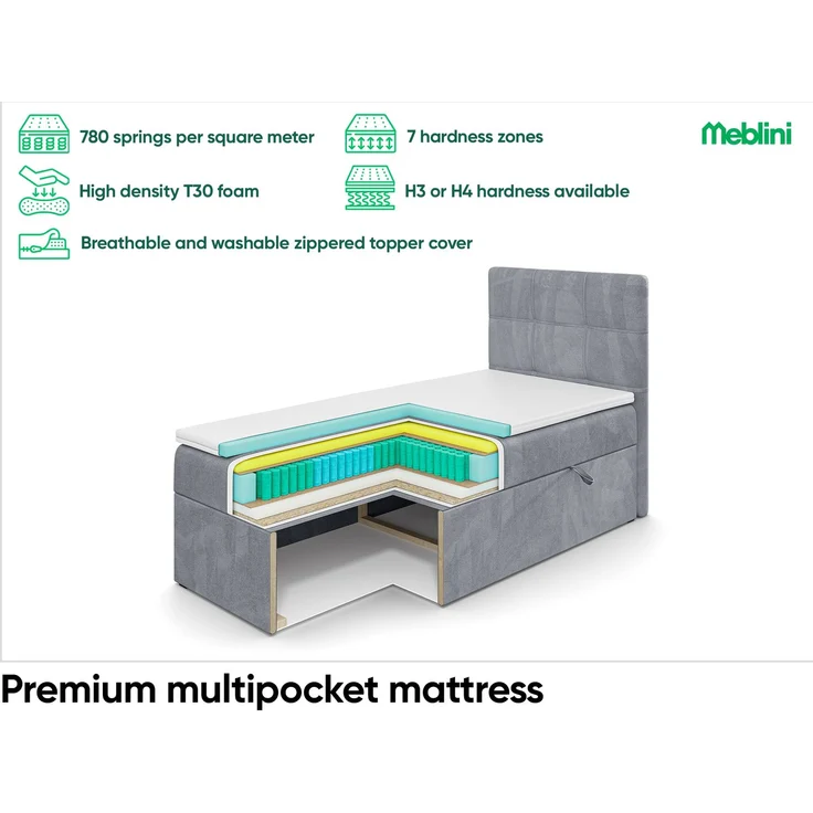 MEBLINI Boxspringbett KAI 80x200cm Rechts - H3/Creme Samt - mit Bettkasten - Gepolstert Einzelbett mit Topper & Taschenfederkern-Matratze – Bild 6