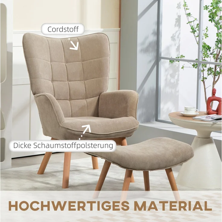 DESVIAE Sessel-Set 2-tlg. mit Hocker, Polyesterbezug und Buchenholzbeinen, Khaki, Sessel 80x101x72 cm – Bild 3