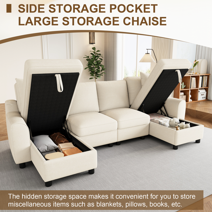 Chenille-U-Sofa mit 2 Stauraum-Chaiselongues und 2 Kissen, gepolsterte Wohnlandschaft 280 cm mit Taschenfederkern, Beige – Bild 13