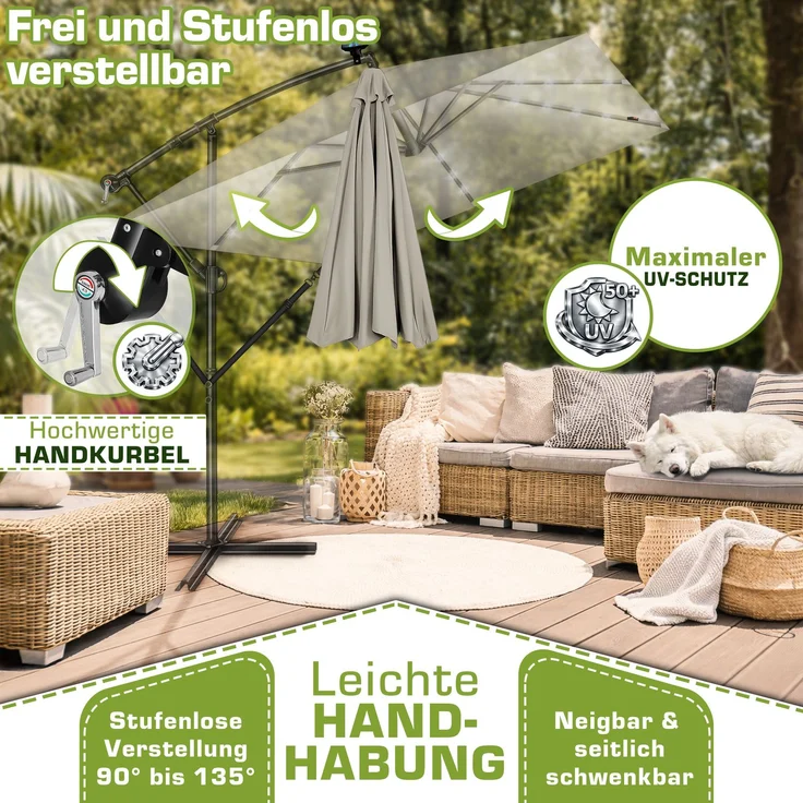 tillvex® Alu Sonnenschirm Rechteckig Ø 330 cm mit LED Solar Taupe + Abdeckung mit Kurbel | Ampelschirm mit Ständer & Windschutz | Gartenschirm UV-Schutz, wasserdicht, 360° drehbar | Kurbelschirm Marktschirm – Bild 8