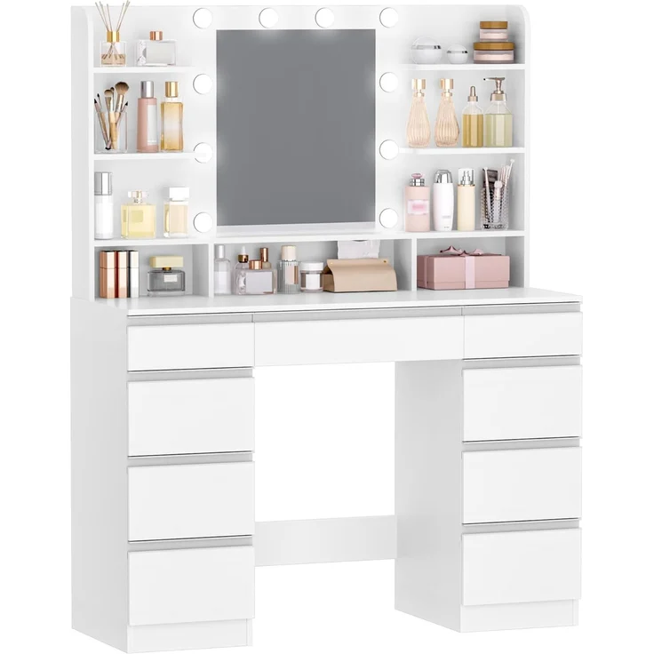 Hzuaneri Schminktisch, mit LED-Beleuchtung, Spiegel, Weiß & Silber, 40x108x140 cm – Bild 2