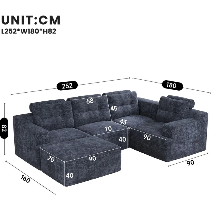 5-Sitzer modulares U-Form Sofa 252 x 180 x 82 cm aus Chenille, rahmenlos – Bild 5