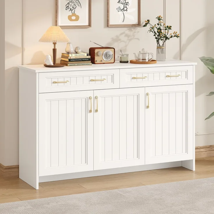 Flieks Sideboard 140 x 40 x 90 cm mit 2 Schubladen, 3 Türen, verstellbaren Einlegeböden und goldenen Griffen, Weiß