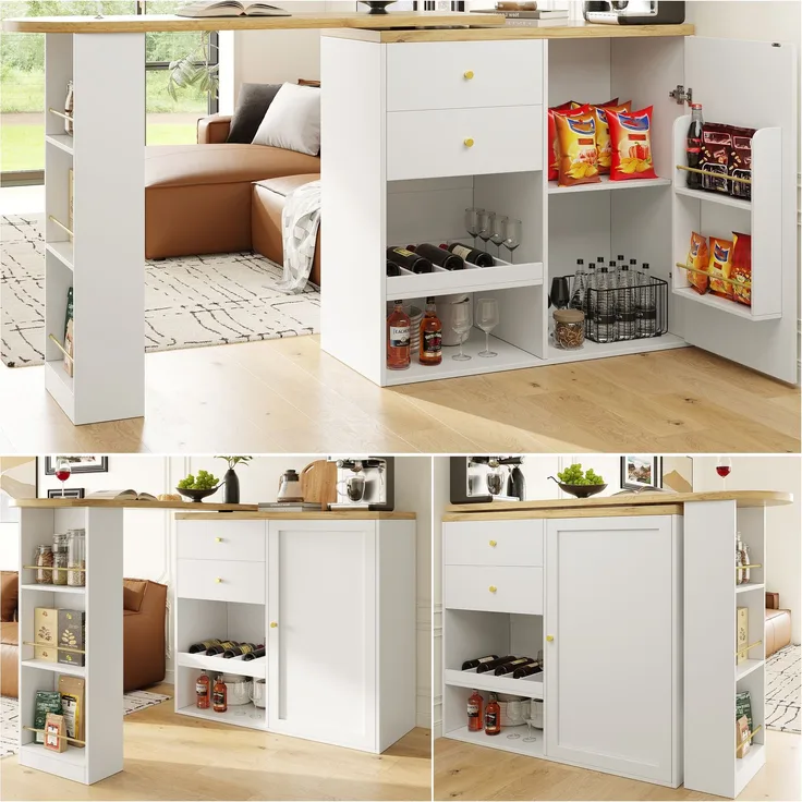 Drehbarer Bartisch (Hauptkörper 105 x 39 x 102 cm), mit 2 Schubladen und Schiebetürschrank, 3 Ebenen offener Stauraum, geeignet für Esszimmer/Arbeitszimmer/Wohnzimmer usw