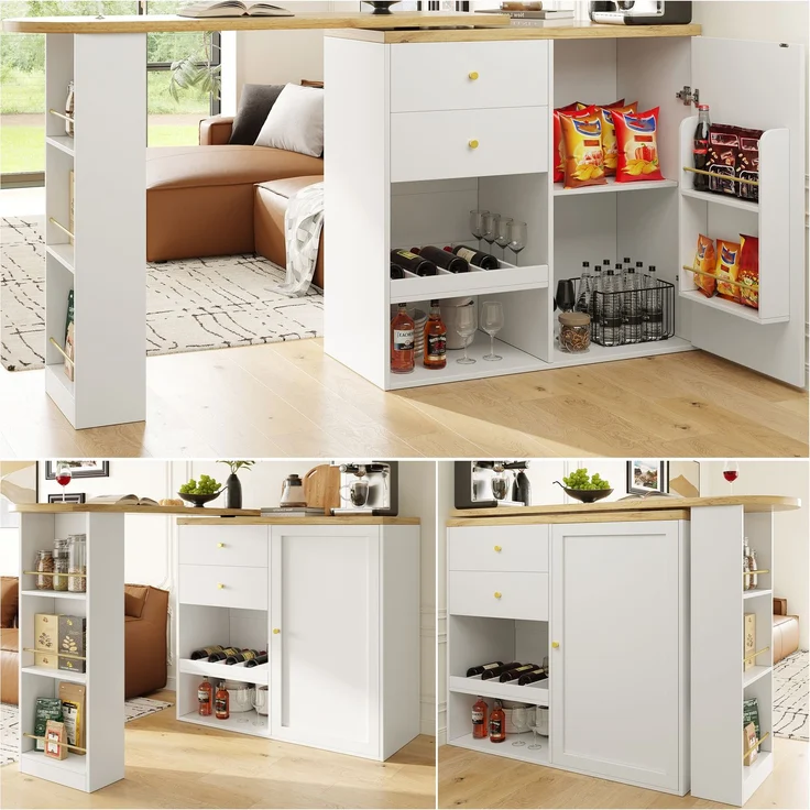 Drehbarer Bartisch (Hauptkörper 105 x 39 x 102 cm), mit 2 Schubladen und Schiebetürschrank, 3 Ebenen offener Stauraum, geeignet für Esszimmer/Arbeitszimmer/Wohnzimmer usw – Bild 1