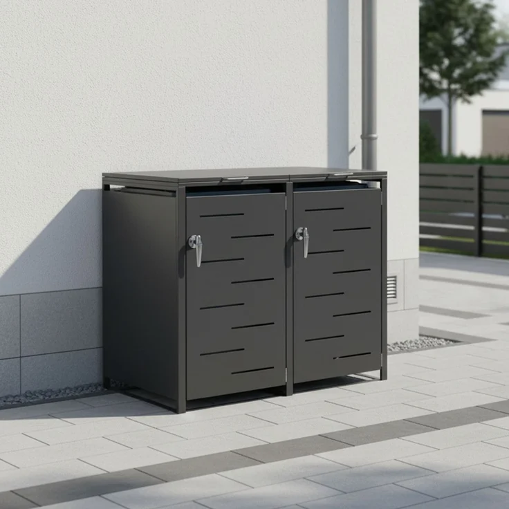 STEELSØN 'Diorus' Mülltonnenbox 2er je 240 Liter, graphitschwarz, Mülltonnenverkleidung aus Stahl mit Sichtstreifen, wetterfest, 116x80x134 cm, abschließbare Müllbox für 2 Tonnen – Bild 7