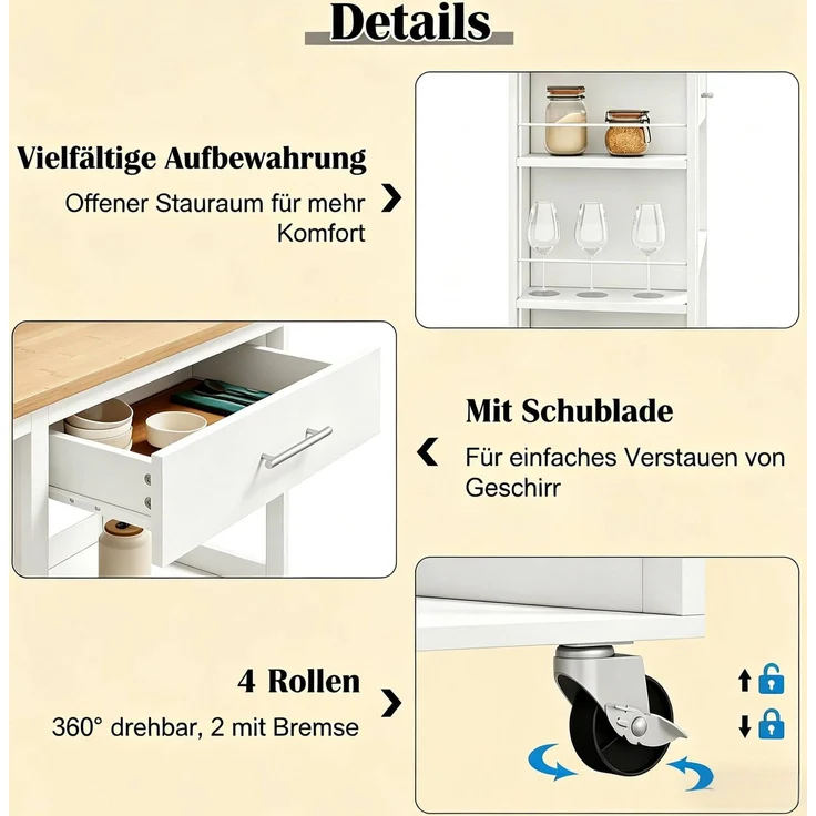 Küchenwagen 73x38x88 cm mit Schublade und offenen Regalen – MDF in Weiß und Holzoptik – Bild 7
