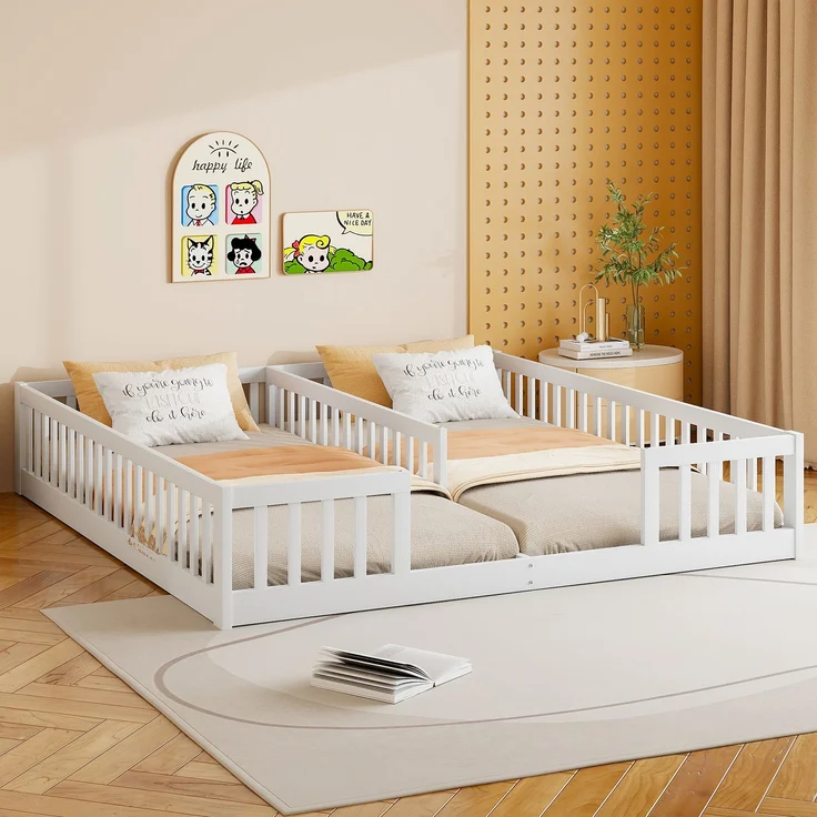 Merax 90 x 200 cm Kinderbett mit Gitter, Ohne Lattenrost (ohne Matratze), für Familien mit zwei Kindern, Kiefernholz, Minimalistischer Stil, Weiß – Bild 3