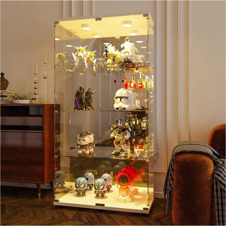 FUROKOY Glasvitrine Standvitrine, Modern Glas Vitrinenschrank (4 Lagen Glasvitrine mit 2 Glastür, Sammlervitrine, für Sammlerstücke Bücher Wein, mit Licht, weiß) – Bild 2