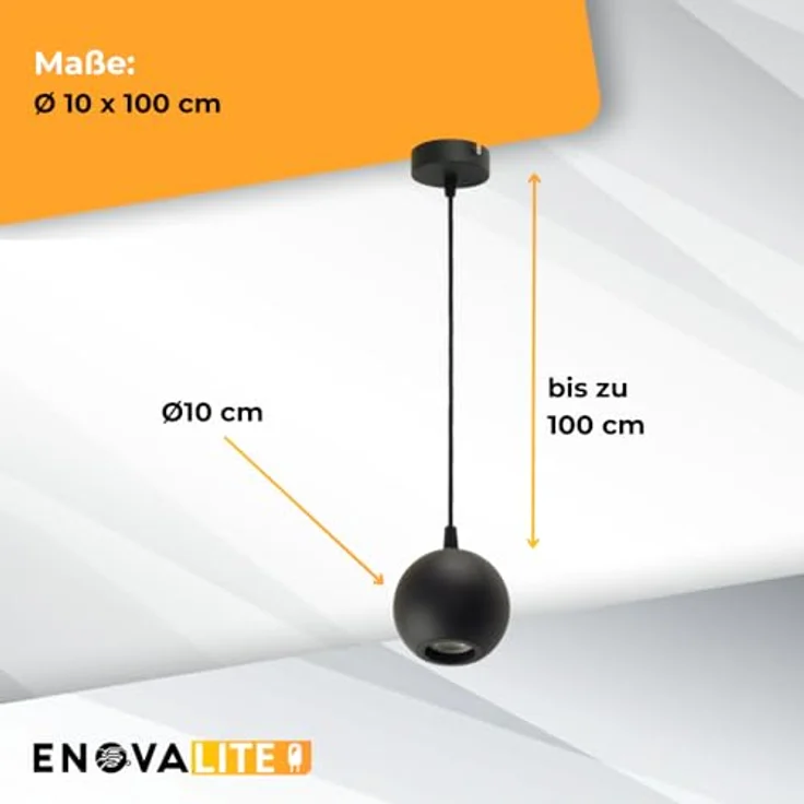 ENOVALITE Pendelleuchte GLOBE Schwarz, 1-flammige Deckenlampe mit GU10 Fassung, Ø100mm, 100cm Pendellänge – Bild 5