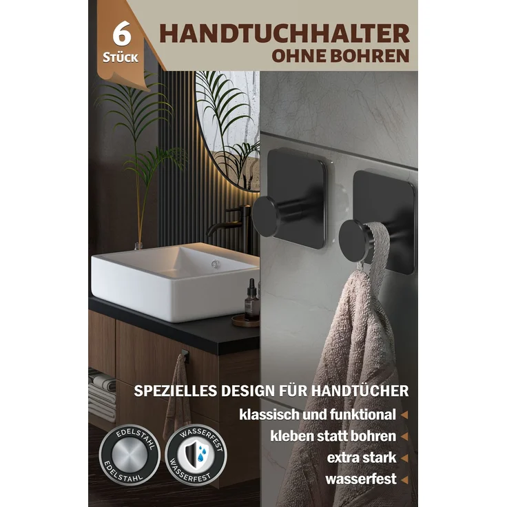 Lindenstein Wandhaken 6er-Set Schwarz – Edelstahl V2A, 3M-Pads, ohne Bohren – Bild 2