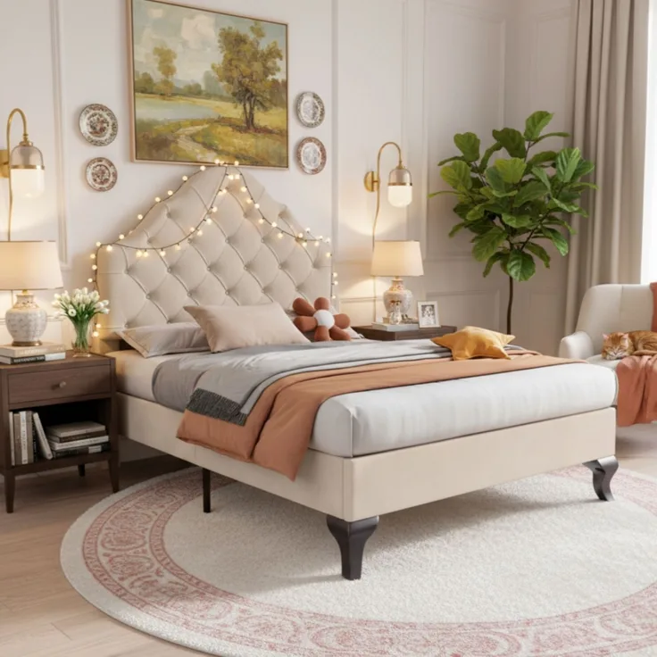 EINHOM Polsterbett 90 x 200 cm mit Lattenrost und Kopfteil, Polsterbett mit Höhenverstellbares Kopfteil, Jugendbett, Einzelbett, Holzlattenunterstützung, Einfache Montage, Samt, Beige, (Ohne Matratze)