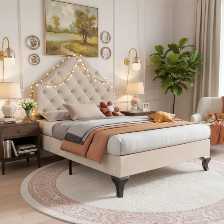 EINHOM Polsterbett 90 x 200 cm mit Lattenrost und Kopfteil, Polsterbett mit Höhenverstellbares Kopfteil, Jugendbett, Einzelbett, Holzlattenunterstützung, Einfache Montage, Samt, Beige, (Ohne Matratze) – Bild 1