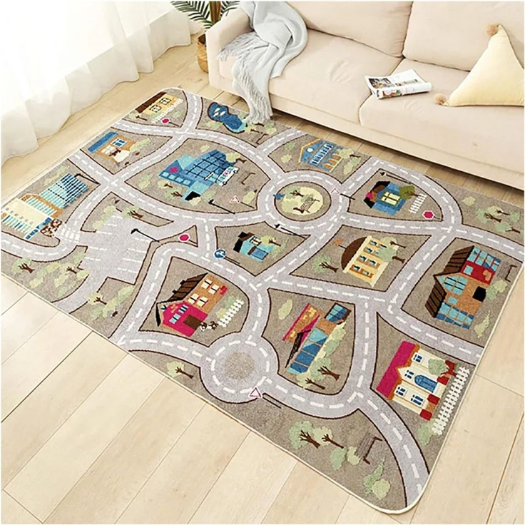 TYKTZXY Kinderteppich Spielen Teppich Straße Auto Tier Universum Blau Grün Grau(120×160cm,47×63inch) – Bild 1