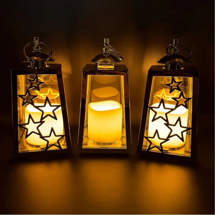 Online-Fuchs LED Laterne im 3er Set mit LED-Kerzen, Timer und Sternen verziert - Outdoor, Dauerleuchten oder Flackereffekt wählbar, warmweiße LED-Flamme, Dekoration für Herbst, Winter und Weihnachten – Bild 1