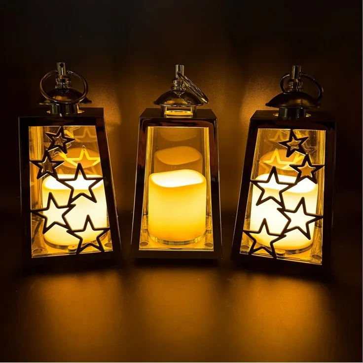 Online-Fuchs LED Laterne im 3er Set mit LED-Kerzen, Timer und Sternen verziert - Outdoor, Dauerleuchten oder Flackereffekt wählbar, warmweiße LED-Flamme, Dekoration für Herbst, Winter und Weihnachten