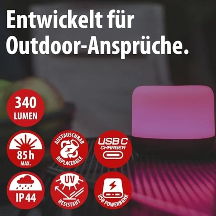 Brennenstuhl Akku Solar LED Outdoor Leuchte RGB GL 100 ASR (Campinglampe IP44 mit 340lm, 10%-50%-100% warmweiß – RGB Farbwechsel, bis zu 85h Leuchtdauer, Powerbank, austauschbarer Li-Ion Akku, USB C) – Bild 2