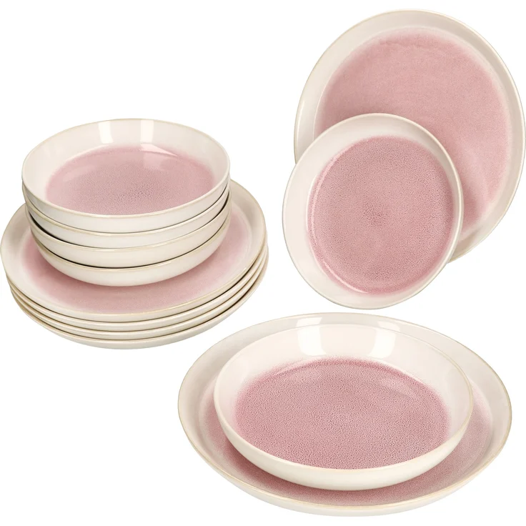 12tlg Tafelservice Reactive Glaze Paris 6 Pers. Speiseteller Suppenteller Pink – Bild 2