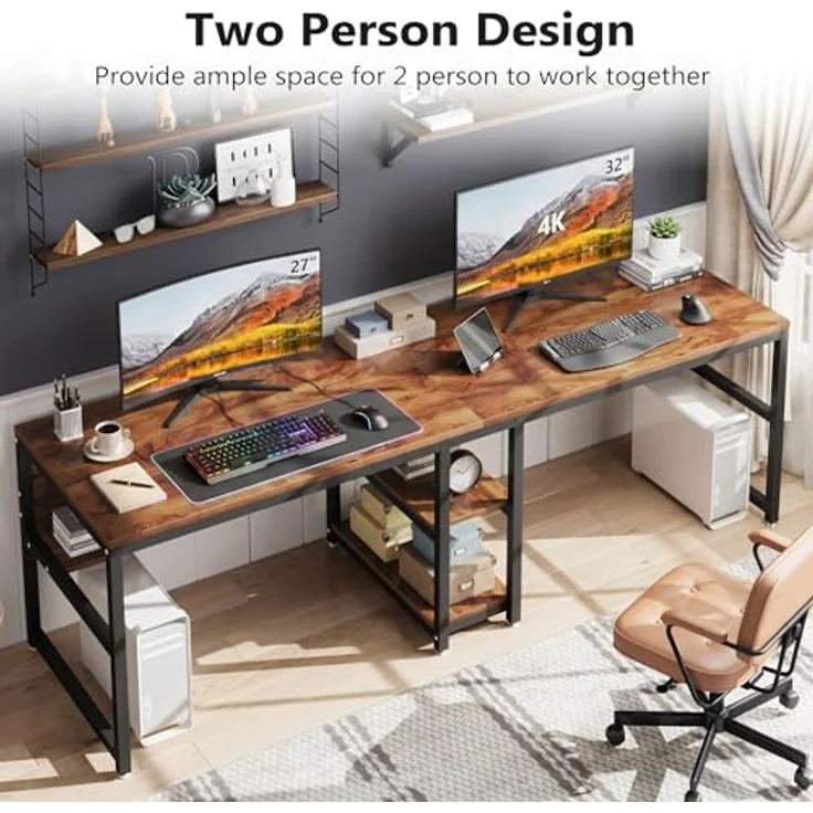 LITTLE TREE Schreibtisch Computertisch 240 x 75 x 60 cm, großer Schreibtisch aus Industriell Holz und Metall als Bürotisch Arbeitstisch für 2 Personen, ideal für Homeoffice Gaming, Braun – Bild 8