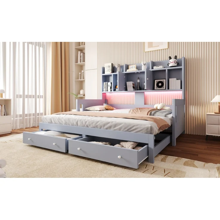 EINHOM Multifunktionales Ausziehbares Schlafsofa aus Holz mit Schubladen, Ablageflächen, Schränken und Offenen Fächern, Ausgestattet mit Steckdosen und LED-Beleuchtung, Gästebett, Grau (Ohne Matratze) – Bild 5