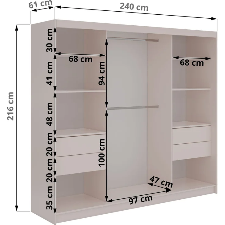 Schwebetürenschrank SKORIA mit großer Spiegelfront, Breite 240 cm, moderner Kleiderschrank, inkl. Innenausstattung und Stauraum - Kaschmir - mit Schubladen – Bild 6