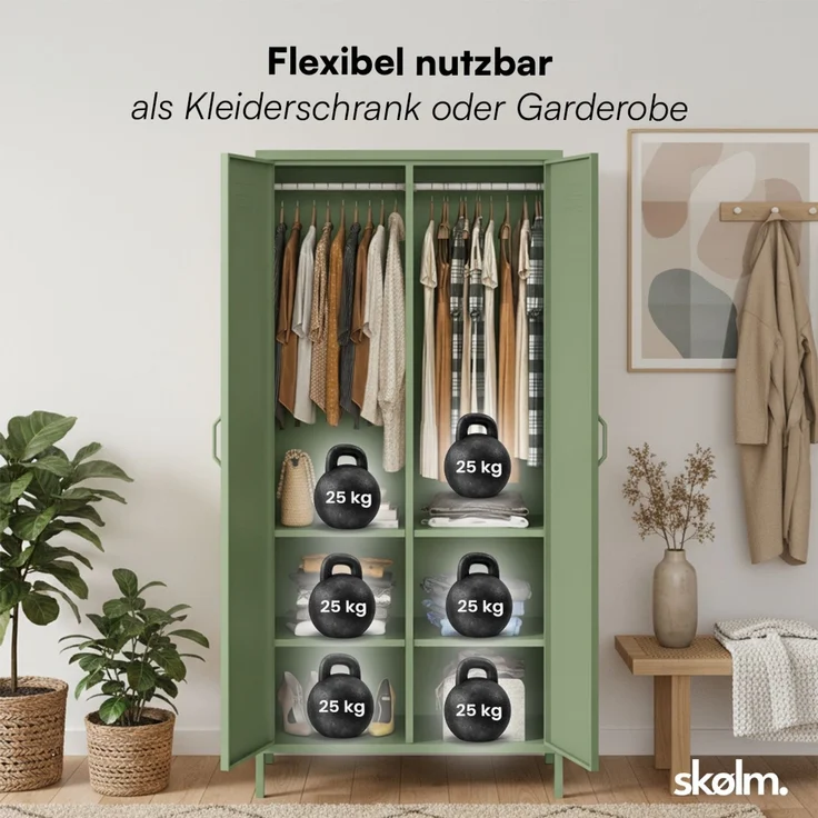 skølm 'Atria' Kleiderschrank, Metall, 170x45x80 cm, grün, Garderobe mit 4 Fächern und 2 Kleiderstangen – Bild 5