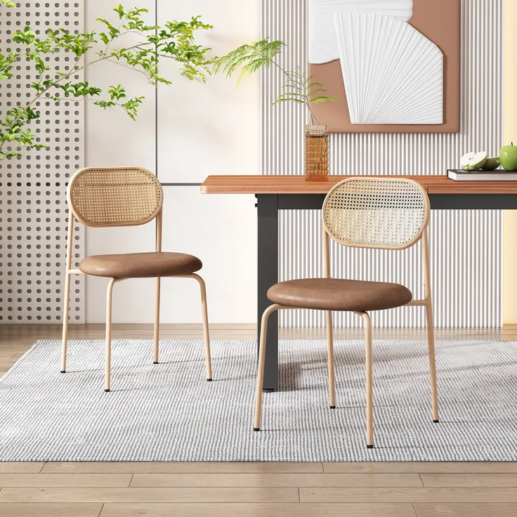 Stuhl 55x44x86 cm, Rattan-Rücken, PU-Sitz, Metallbeine, 2er-Set
