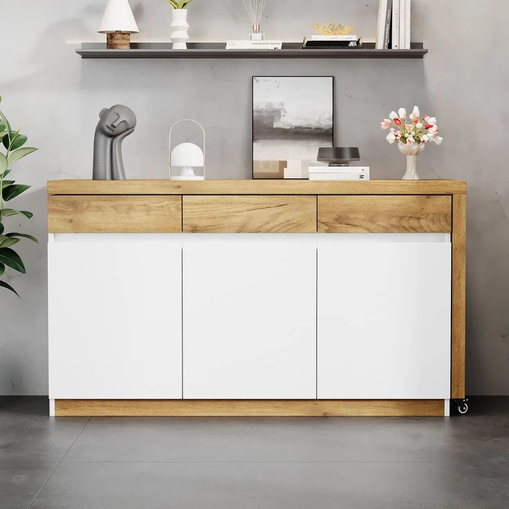 ZUBALIYA Schreibtisch mit feststellbaren Rollen – multifunktionales Design, 4 cm dickere, drehbare Tischplatte, fest arretierbar, weiß/Eiche, Faltbarer Schreibtisch, Eckschreibtisch, Sideboard,Dicke Materialie,Weiß Eiche – Bild 2