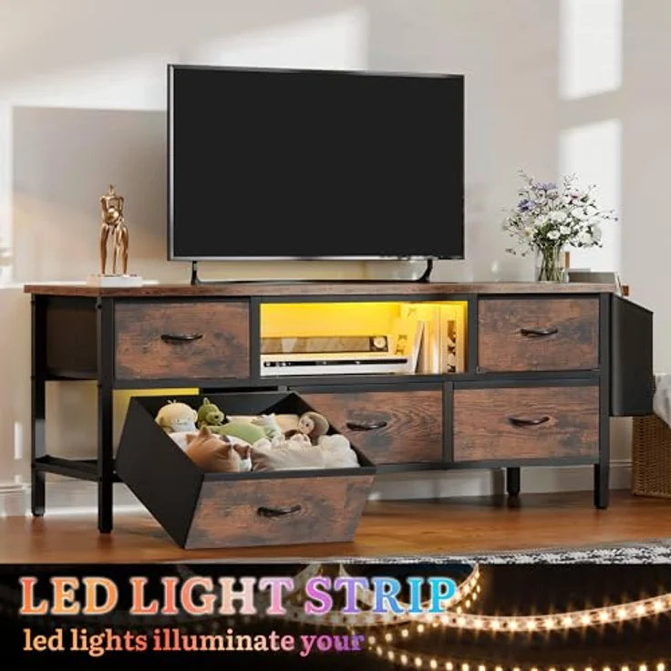YITAHOME TV-Schrank, TV-Ständer für Wohnzimmer mit 5 faltbaren Schubladen und Regalen, TV-Ständer mit RGB-LED-beleuchtetem TV-Entertainment-Center mit Schrank, 145 x 35 x 50 cm – Bild 7