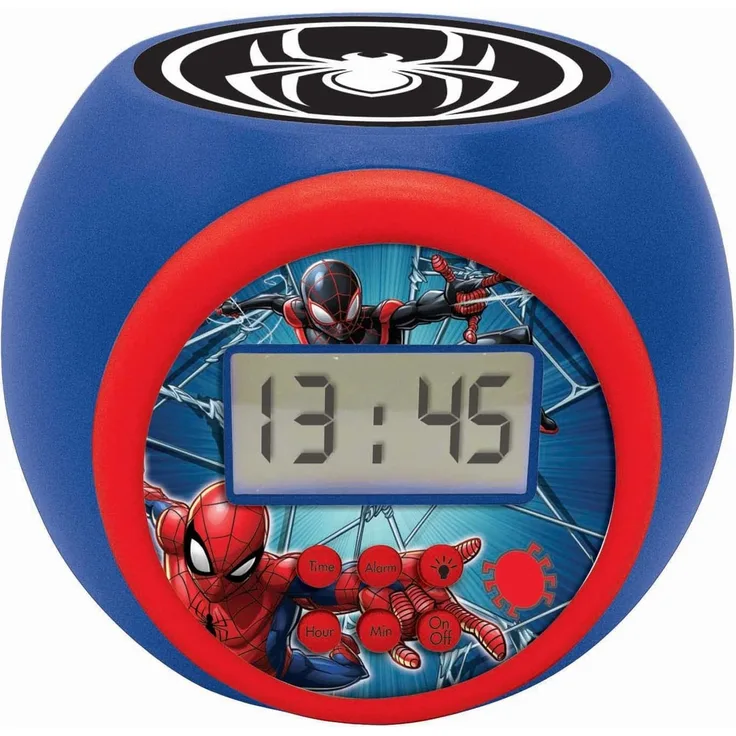 Lexibook Spider-Man Projector-Wecker Spiderman Marvel mit Schlummerfunktion und Weckfunktion, Nachtlicht mit Timer, LCD-Bildschirm, Batteriebetrieb, Blau/Rot, RL977SP
