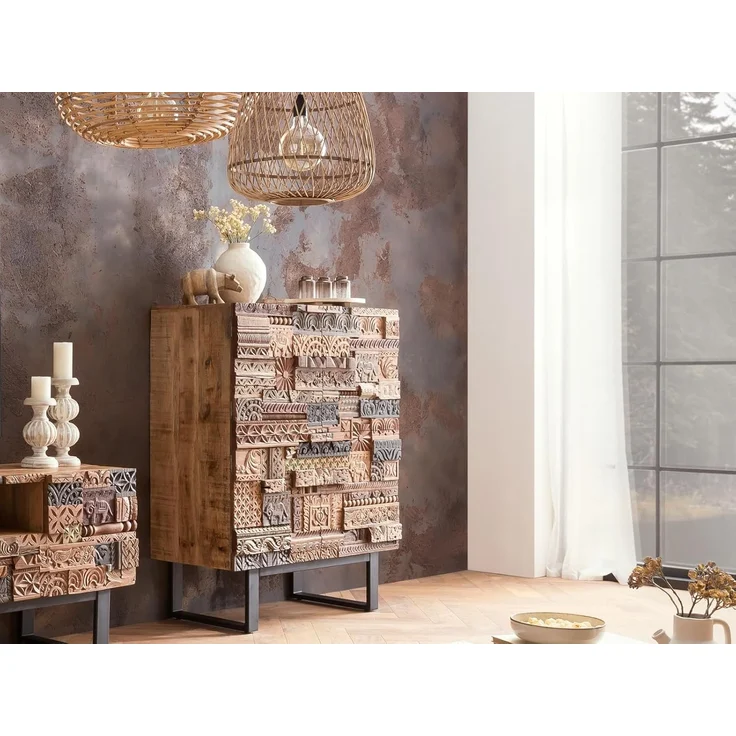 Highboard Greenland massivum Mango Massivholz braun 100x128x45 cm rustikal Boho-Stil Wohnzimmer-Kommode Anrichte Unikat recycelt – Bild 2