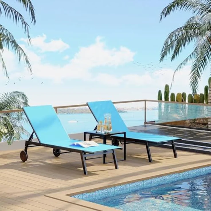 GarveeHome 3-Teiliges Terrassen-Lounge-Set Mit 2 Textilene-Liegen Und 1 Couchtisch, Loungesessel Mit Verstellbarer Rückenlehne Und Rollen, Für Poolbereich Und Terrasse – Bild 2