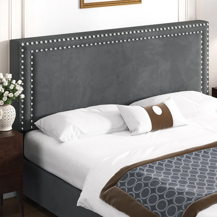 VECELO Polsterbett 140x200 cm Doppelbett mit 4 Schubladen und Höhenverstellbarem Kopfteil, Bettrahmen mit Lattenrost, Gepolstertes Bettgestell, Kein Boxspring erforderlich, Samt, Ohne Matratze, Grau – Bild 4