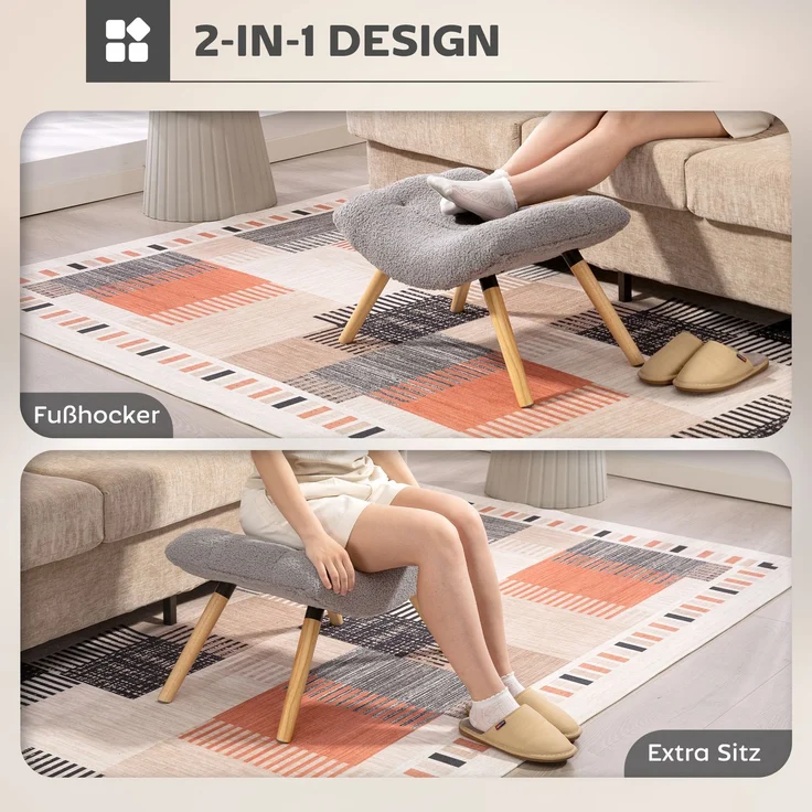 Moderner Fußhocker mit Fleece-Bezug und Holzbeinen, gepolstert, für Wohnzimmer, Schlafzimmer, Flur, Hellgrau--Hellgrau--67x45x38cm--YOUDENOVA – Bild 7