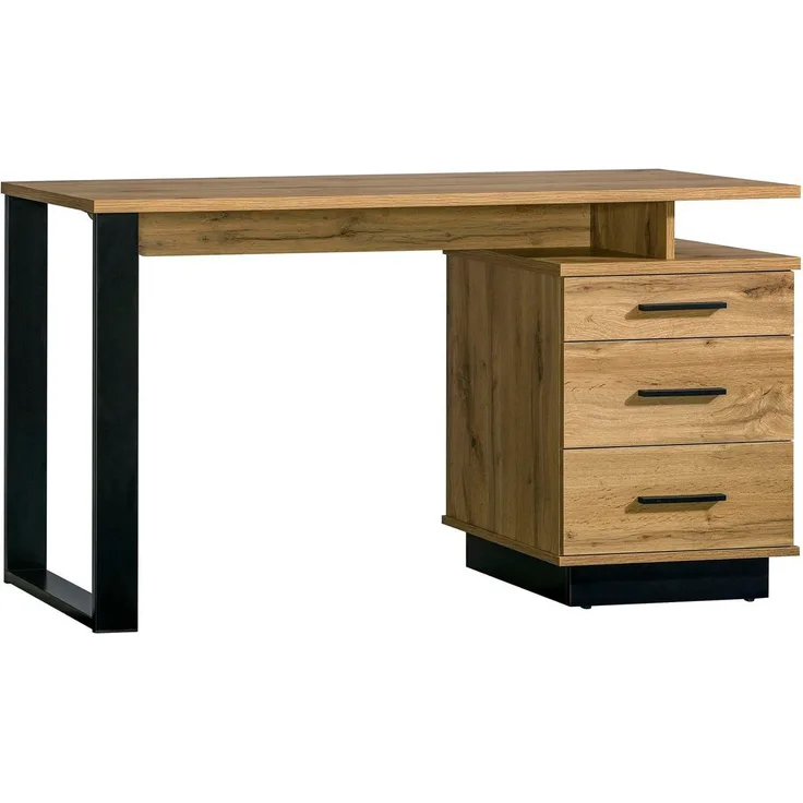 Compleo Schreibtisch mit 3 Schublade, Möbelfarbe: Eiche Wotan/Schwarz, Breite: 135 cm