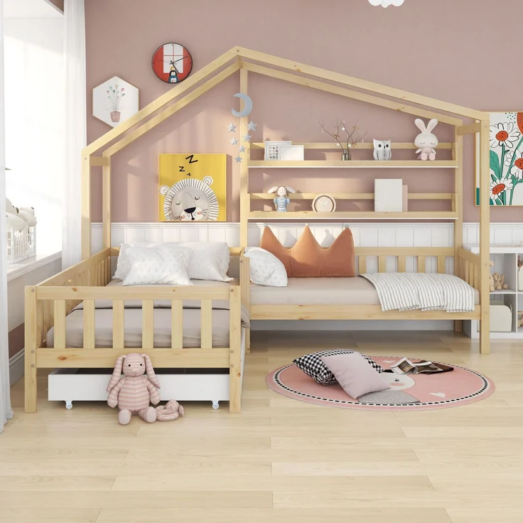 U-life Hausbett L-Form 90x200 cm und 140x70 cm, Kinderbett mit Schubladen und Regalen, Massivholz mit Sicherheitszaun und Lattenrost, Natur – Bild 2