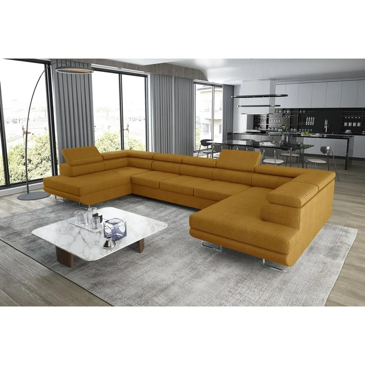 thematys Ecksofa Aston U 403 x 203 cm, mit Schlaffunktion, mit Bettkasten, mit verstellbaren Kopfstützen, Gelb (Poso 01), Ausrichtung 390 cm – Bild 3