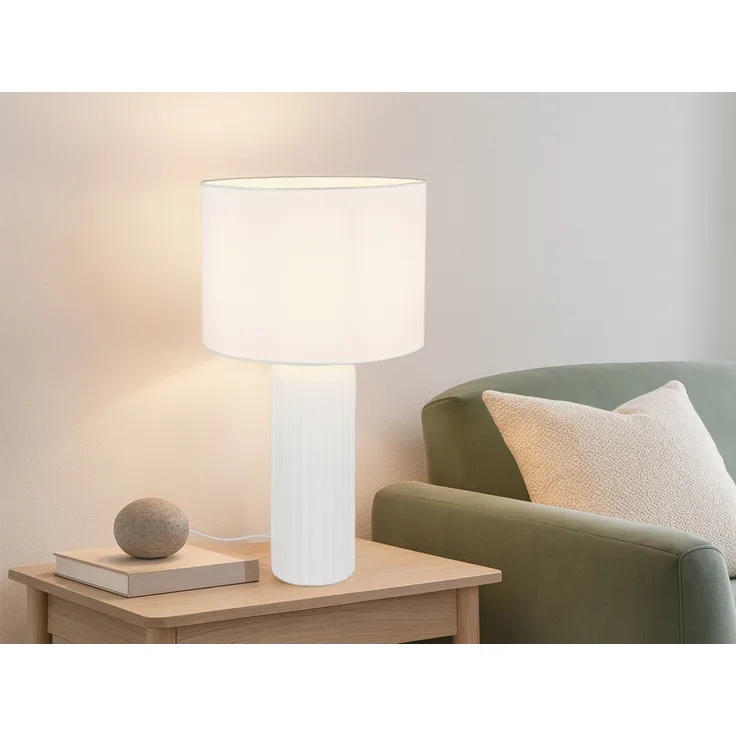 Große LED Tischleuchte mit Keramikfuß & Stoffschirm Weiß, Höhe 51cm