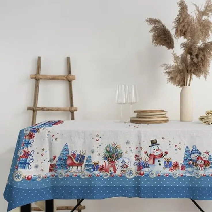 PENSIERI DELICATI, Tischdecke 145 x 190 cm, Tischdecke aus 100% Panama-Baumwolle, für 6 Personen, Digitaldruck in hoher Auflösung, blaues Schneemann-Muster, rechteckige Tischdecke