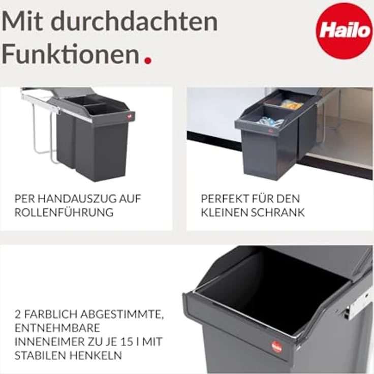 HAILO 3650101 Abfallsorter 30 (2x15) Liter TANDEM ab 30 cm Schrankbreite – Bild 5
