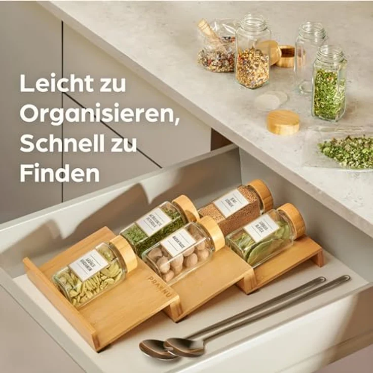 Praknu Gewürzstreuer Gewürzgläser Eckig mit Bambusdeckel - 12er Set - Gewürz Organizer, (12-tlg), 120 ml Gewürz Organizer - Gewürzdosen - Gewürzgläser - Gewürzbehälter – Bild 4