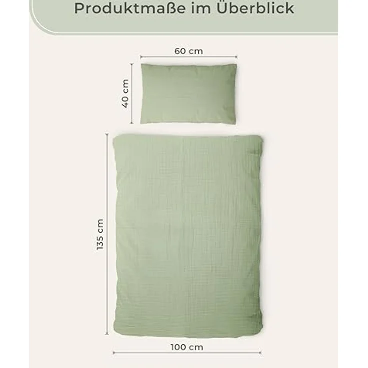 Laynenburg Kinderbettwäsche Musselin 2 teilig aus 100% Baumwolle in 100x135 cm + 40x60 cm, atmungsaktiv & bügelfrei – 3 lagig mit Reißverschluss & Haltebändern – Bild 4
